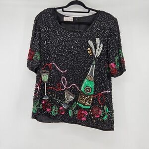 VintageLaurence Kazar Beaded Silk Blouse Sequin Top 1X Statement Maximalist Art‎
